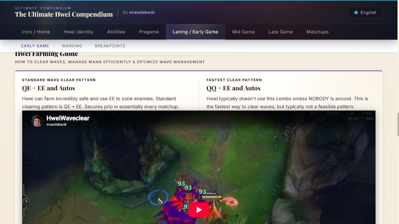 HweiGuide farming section comparing standard and fastest waveclear patterns with a gameplay video
